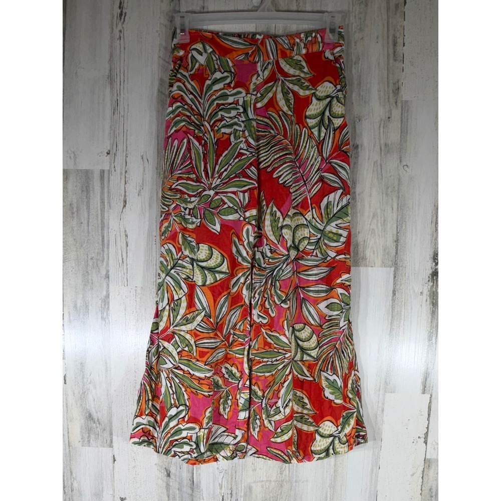 C&C California 100% Linen Wide Leg Pants Size Small Tropical Floral Leaf Boho